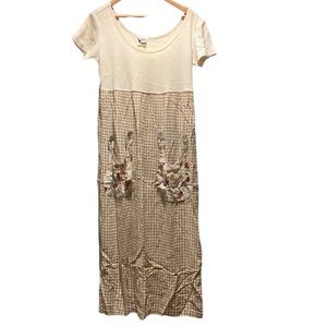 Vintage SEQUEL Maxi Dress - Beige With Floral Front Pockets